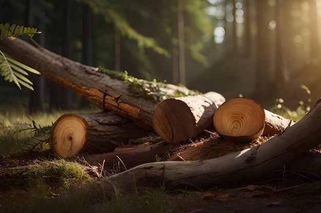 A pile of logs in a forest with the sun shining through the trees