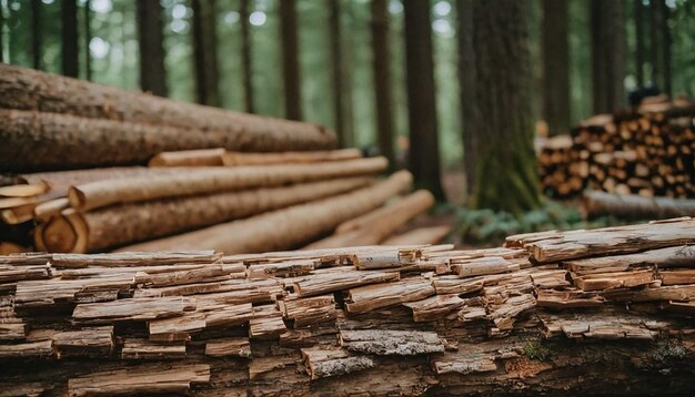 a pile of logs with a forest of trees in the background