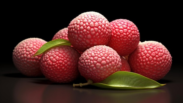 A pile of lychee fruit with green leaves on a black background