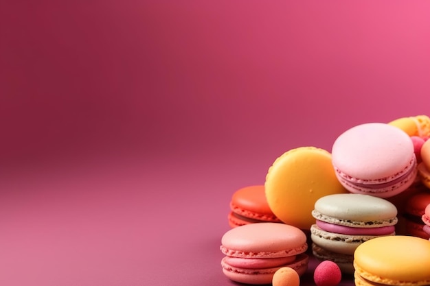 A pile of macaroons on a pink background