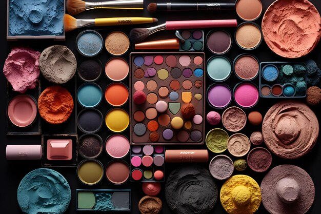 A pile of makeup products including a makeup brush eye shadow and a makeup brush