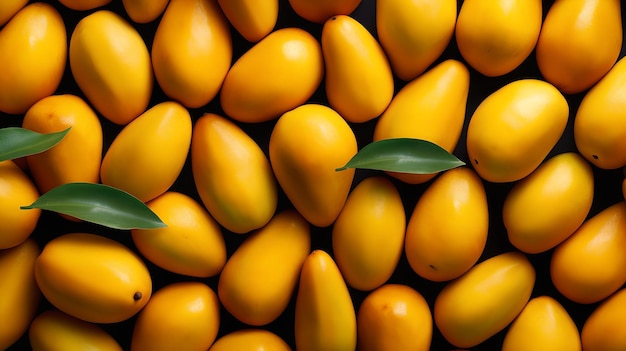 A pile of mangoes with green leaves on them