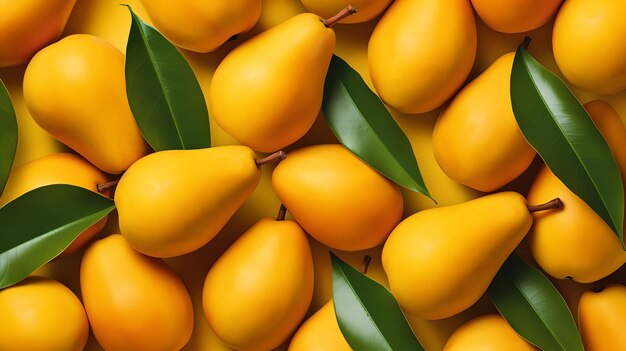 A pile of mangoes with leaves on them.