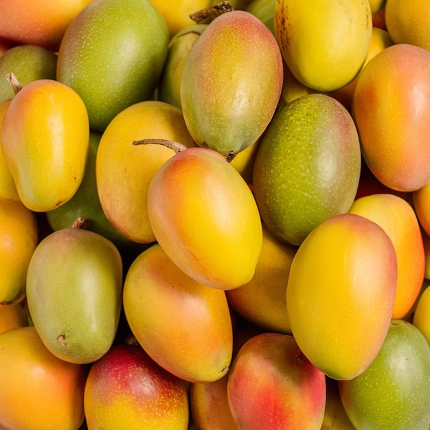 a pile of mangoes with a red and green color