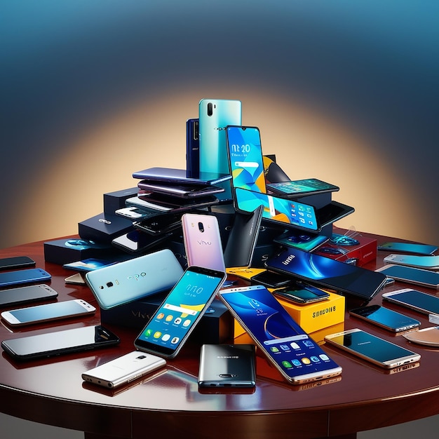 A pile of many mobile phones on a table The background features various types and models of smart