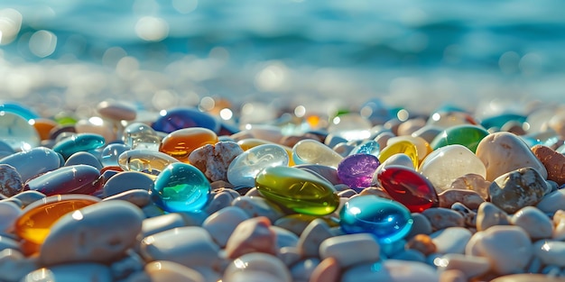 a pile of marbles with the ocean in the background