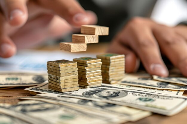 A pile of money sitting on top of a wooden table