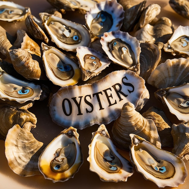 Photo a pile of mussels with the word oysters on the bottom