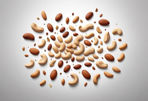 a pile of nuts and almonds are on a gray background