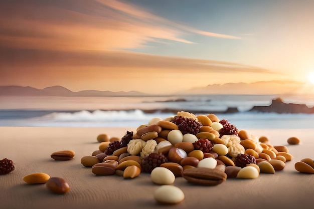 A pile of nuts on a beach with a sunset in the background