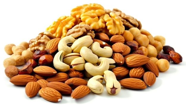 A pile of nuts and nuts on a white background