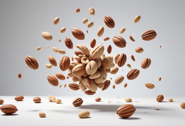 a pile of nuts and a white background with a background of seeds falling