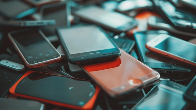 Pile of Obsolete Smartphones Representing Tech Waste Numerous old smartphones stacked togethe