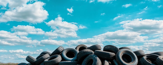 Photo pile of old automobile tires forming artificial hill under blue sky