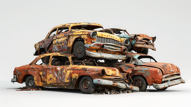 A pile of old crushed cars on a white background