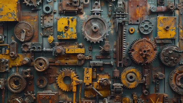 A pile of old gears and mechanical parts arranged on iron sheets