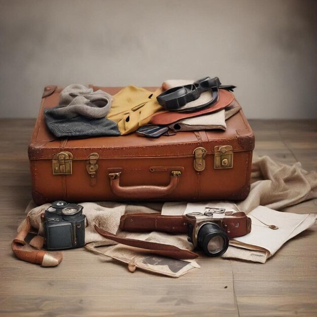 Photo a pile of old items including a camera a camera and a watch on top of a pile of papers