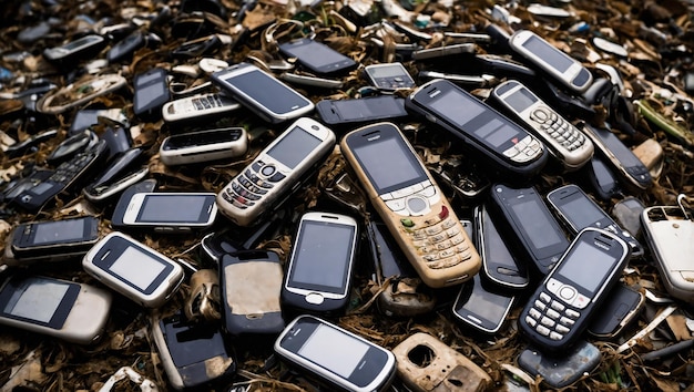 Pile of old mobile phones recycling