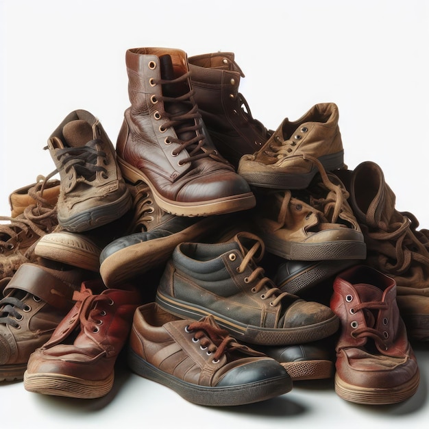 A pile of old shoes on a light background