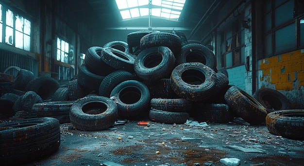 Pile of old tires in a dimly lit abandoned warehouse conveying urban decay and environmental waste