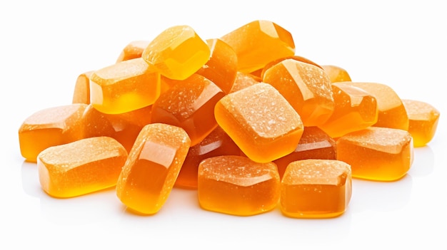 a pile of orange gummy bears with orange and yellow gums