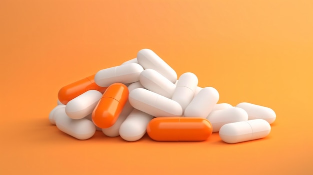 a pile of orange pills with white caps on them