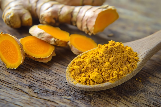 Photo a pile of orange spices with the word turmeric on the top