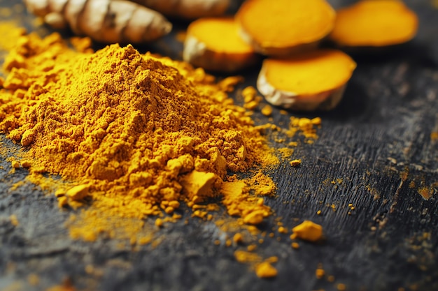 Photo a pile of orange turmeric sits on a black surface