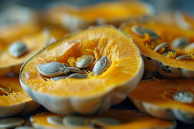 a pile of oranges with seeds and seeds on them