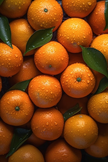 A pile of oranges with water droplets on them