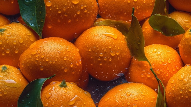 A pile of oranges with water droplets on them