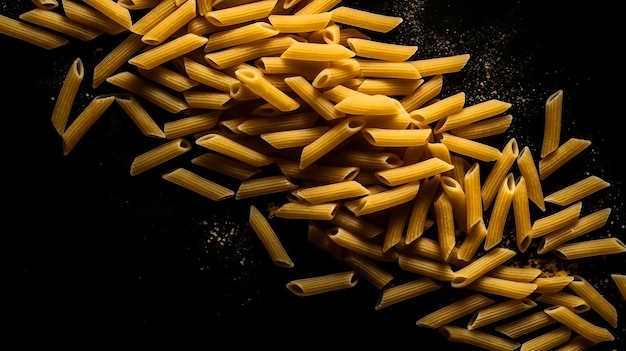 A pile of pasta is shown on a black background.