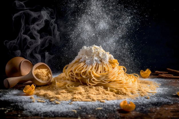 A pile of pasta with a pile of flour on the top.