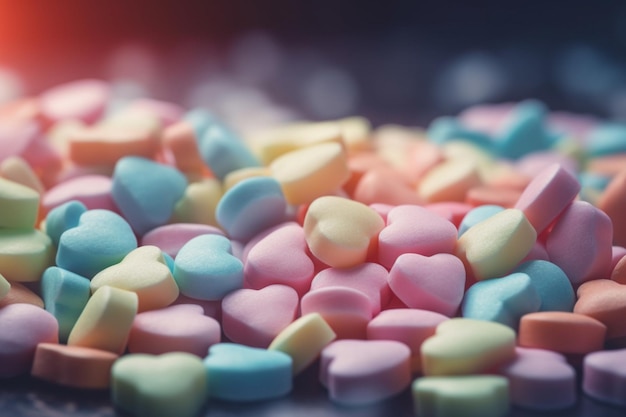 A pile of pastel colored marshmallows are on a table.