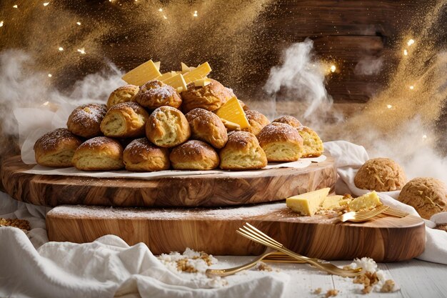 a pile of pastries sitting on top of a wooden cutting board