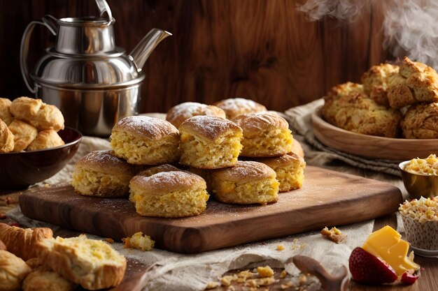 a pile of pastries sitting on top of a wooden cutting board