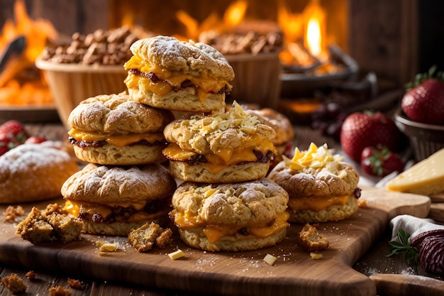 a pile of pastries sitting on top of a wooden cutting board