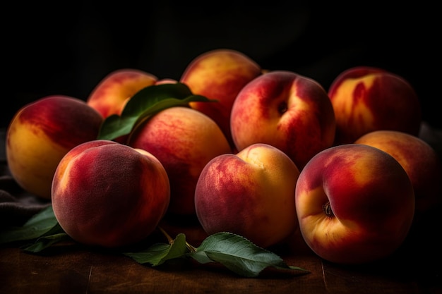 Pile Peaches Rustic Wooden Table vibrant colorful display of delicious fruit peach fuzz texture