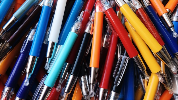 A pile of pens, including one that has a blue and yellow one that says's the word pen '