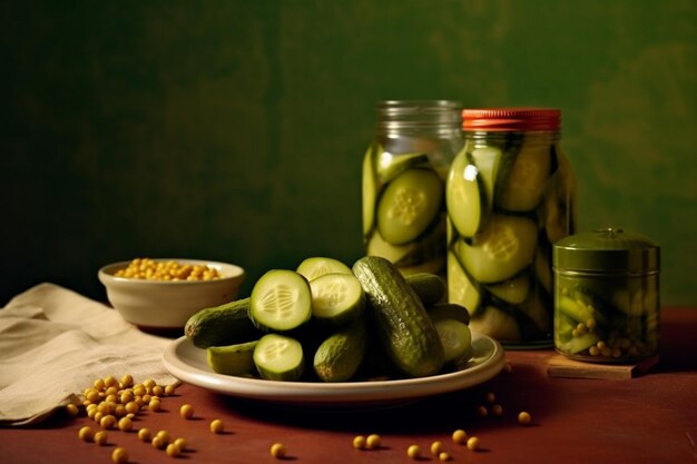 A pile of pickles and a jar of chickpeas