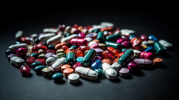 A pile of pills on a black table