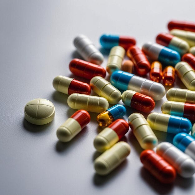 a pile of pills that are on a table