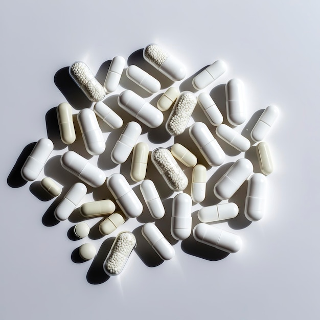 a pile of pills that are on a white surface