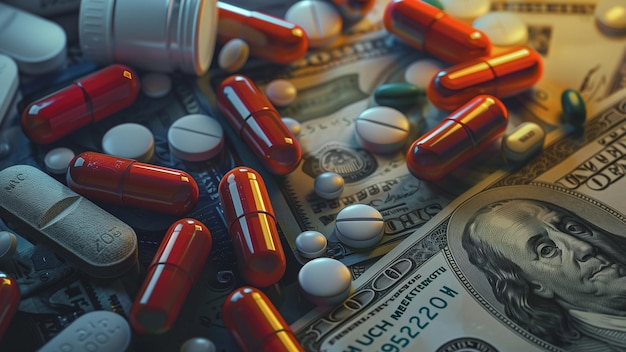 a pile of pills with and money on the table