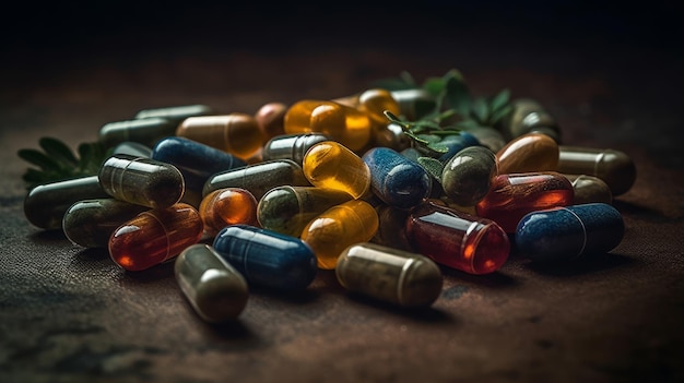 A pile of pills on a wooden surface with a green leaf on the top.