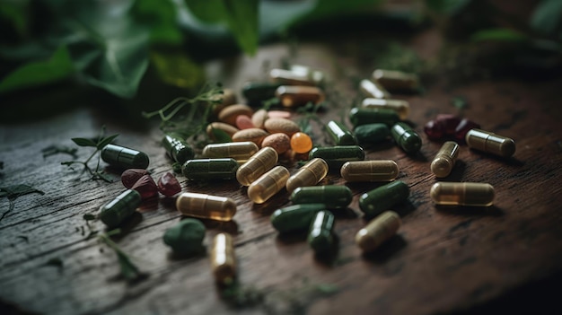 A pile of pills on a wooden table