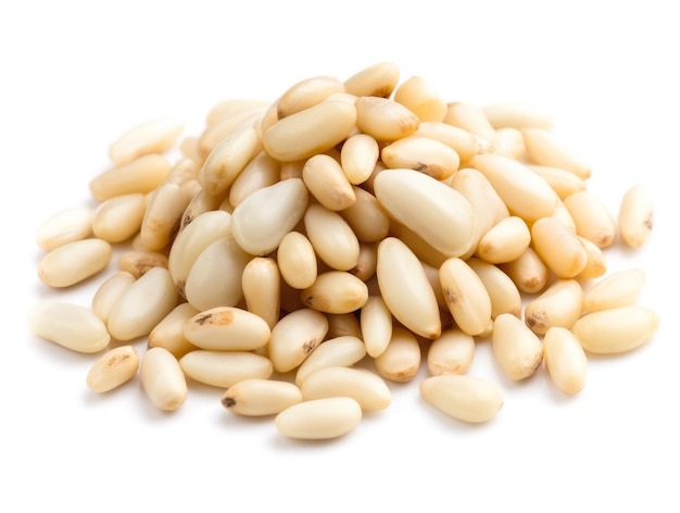 A pile of pine nuts on a white background