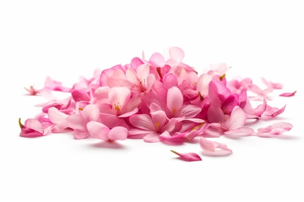 Pile of pink flowers on white surface with petals scattered around it Generative AI