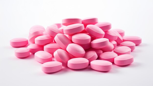 a pile of pink pills with a white background