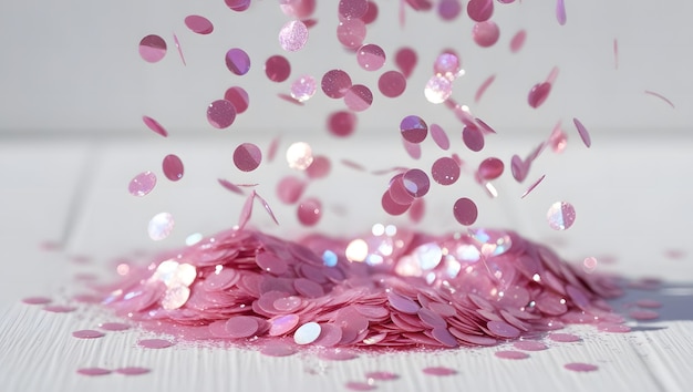 a pile of pink and purple confetti is laying on a table